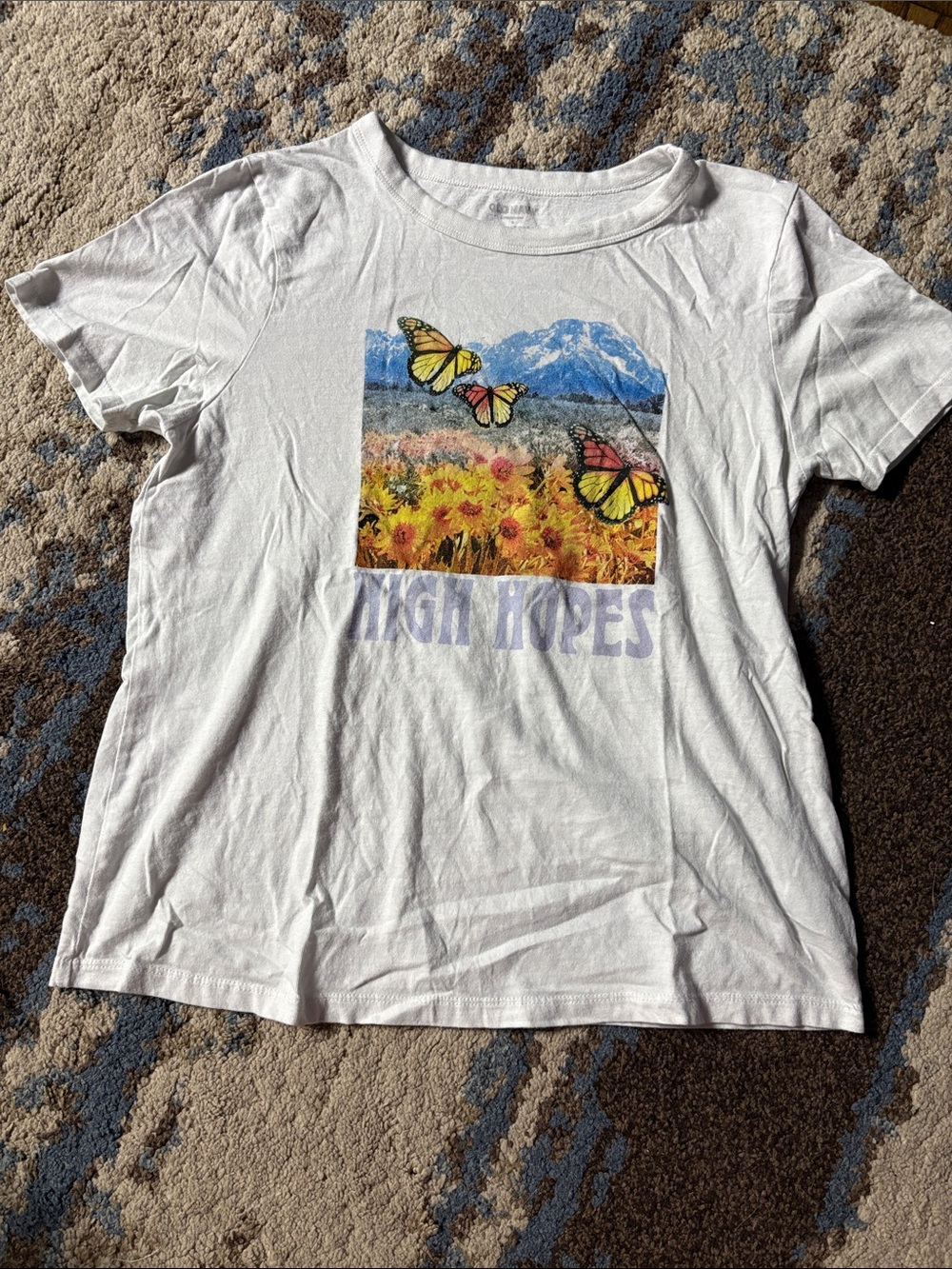 Old Navy White Tee with Yellow & Orange Butterfly Field Graphic